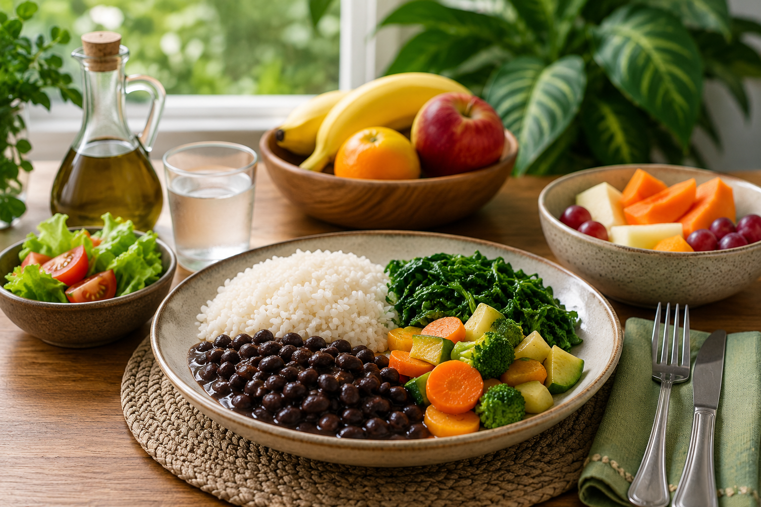 Alimentação saudável sem radicalismo com arroz, feijão, legumes e verduras frescas