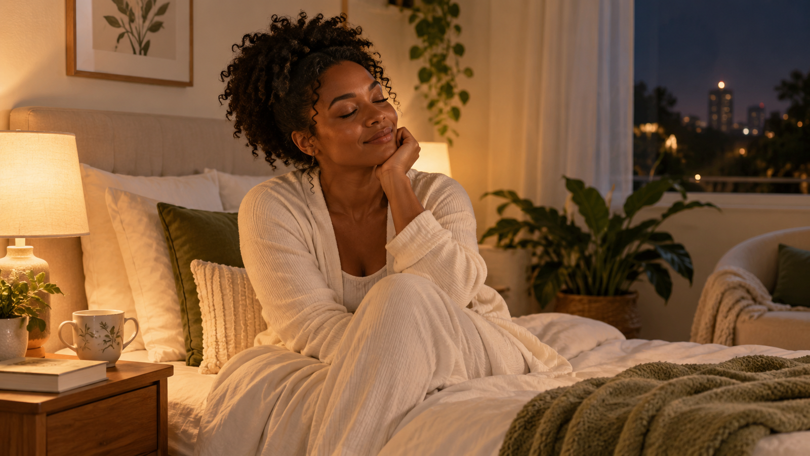 Quarto tranquilo com cama arrumada e luz suave ao entardecer, representando hábitos simples para melhorar a qualidade do sono.
