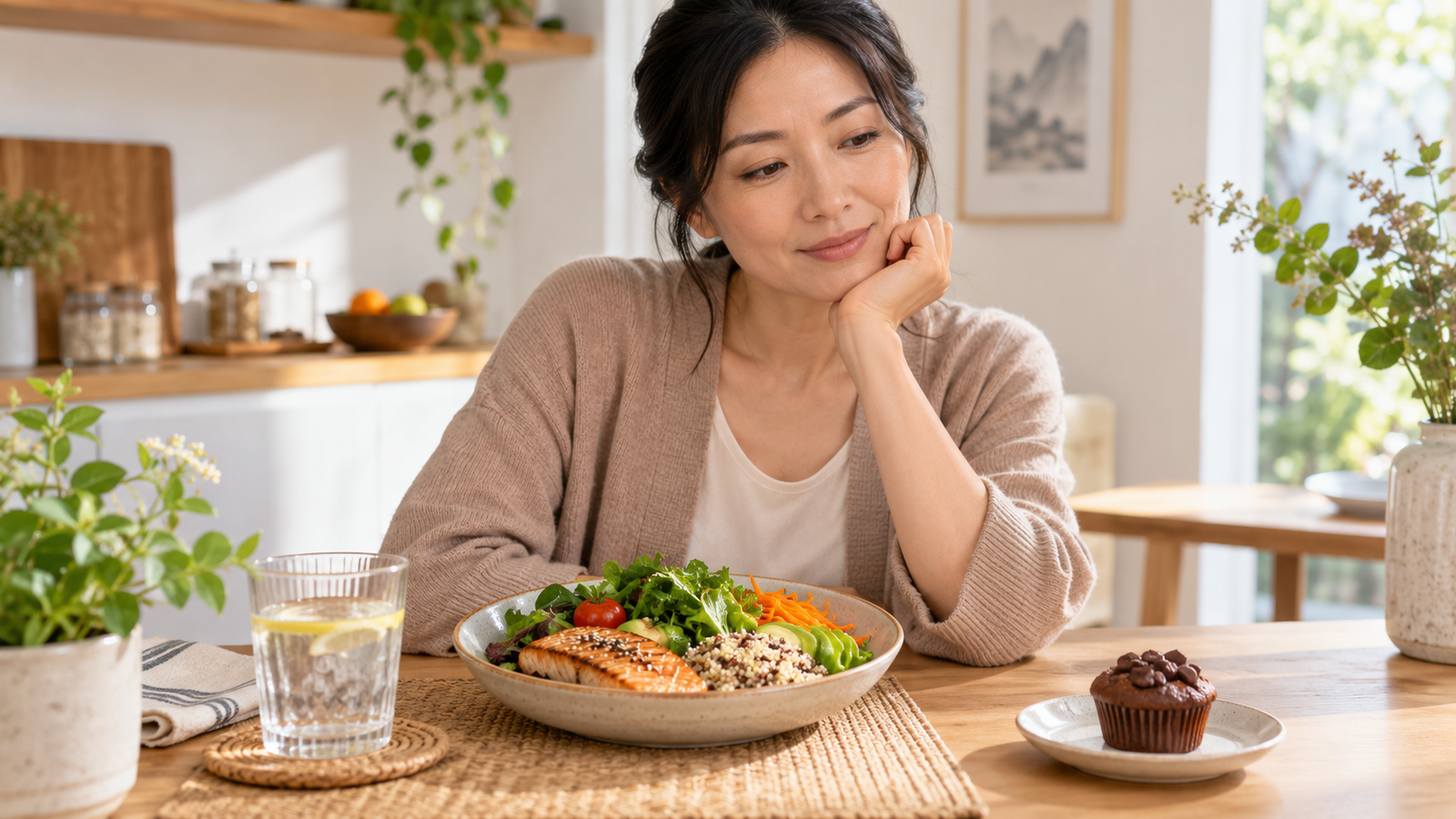 Mulher japonesa diante de uma refeição saudável e uma sobremesa, refletindo sobre fome física ou vontade de comer e escolhas alimentares conscientes.
