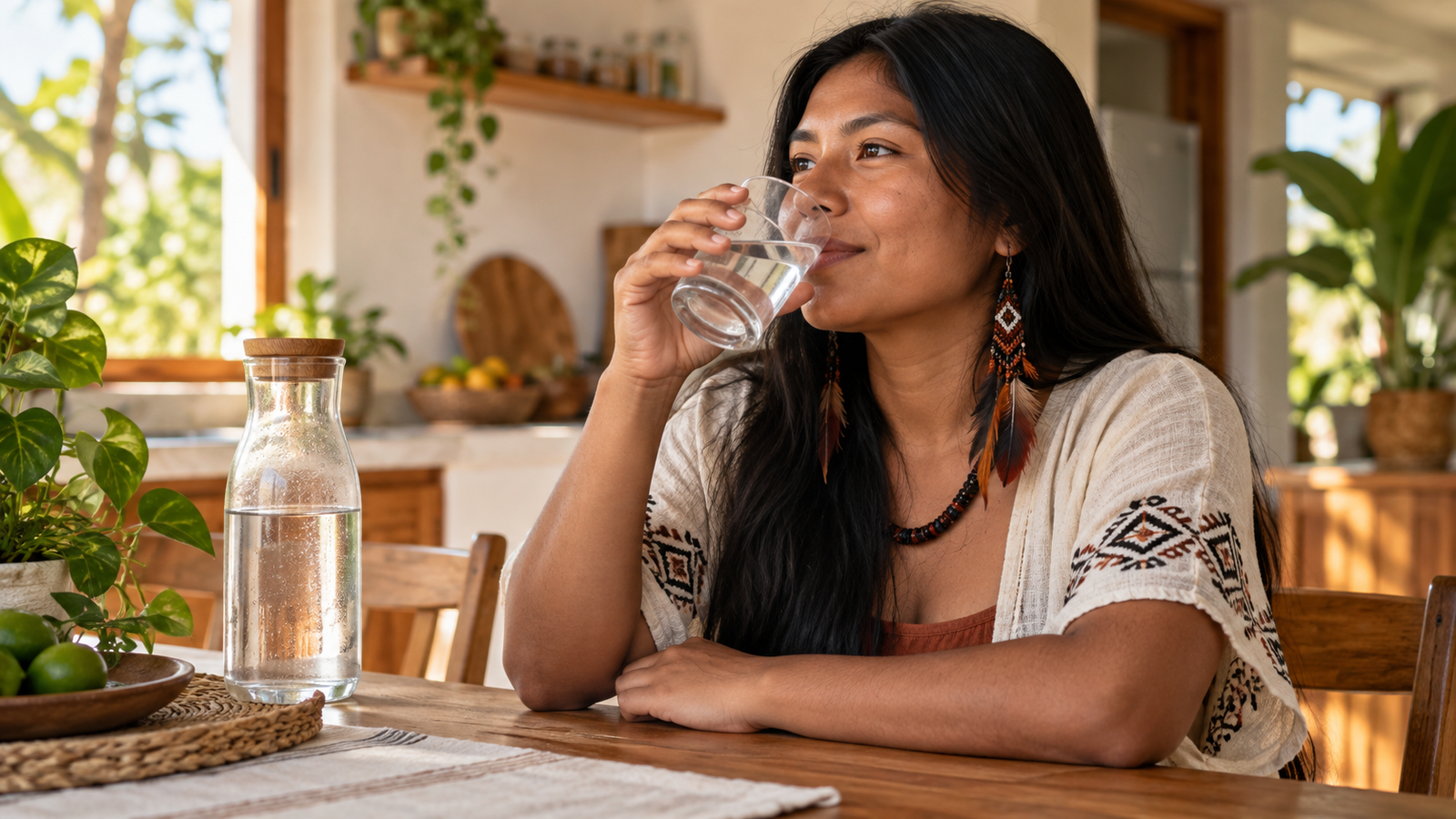 Mulher indígena bebendo água em casa, representando como beber mais água no dia a dia e manter uma rotina de hidratação mais consciente.