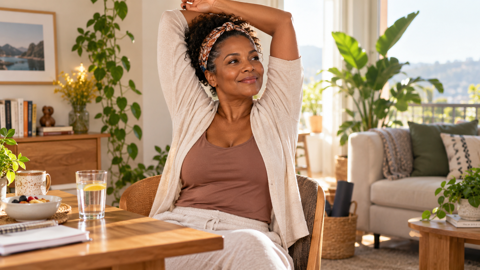 Mulher fazendo alongamento em casa, representando como cuidar melhor do corpo depois dos 40 com hábitos simples de movimento, descanso e bem-estar.