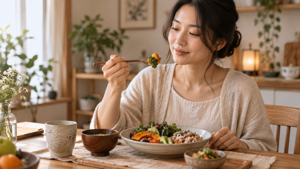 Mulher japonesa comendo devagar uma refeição saudável, prestando atenção aos alimentos e aos sinais de saciedade durante a refeição.