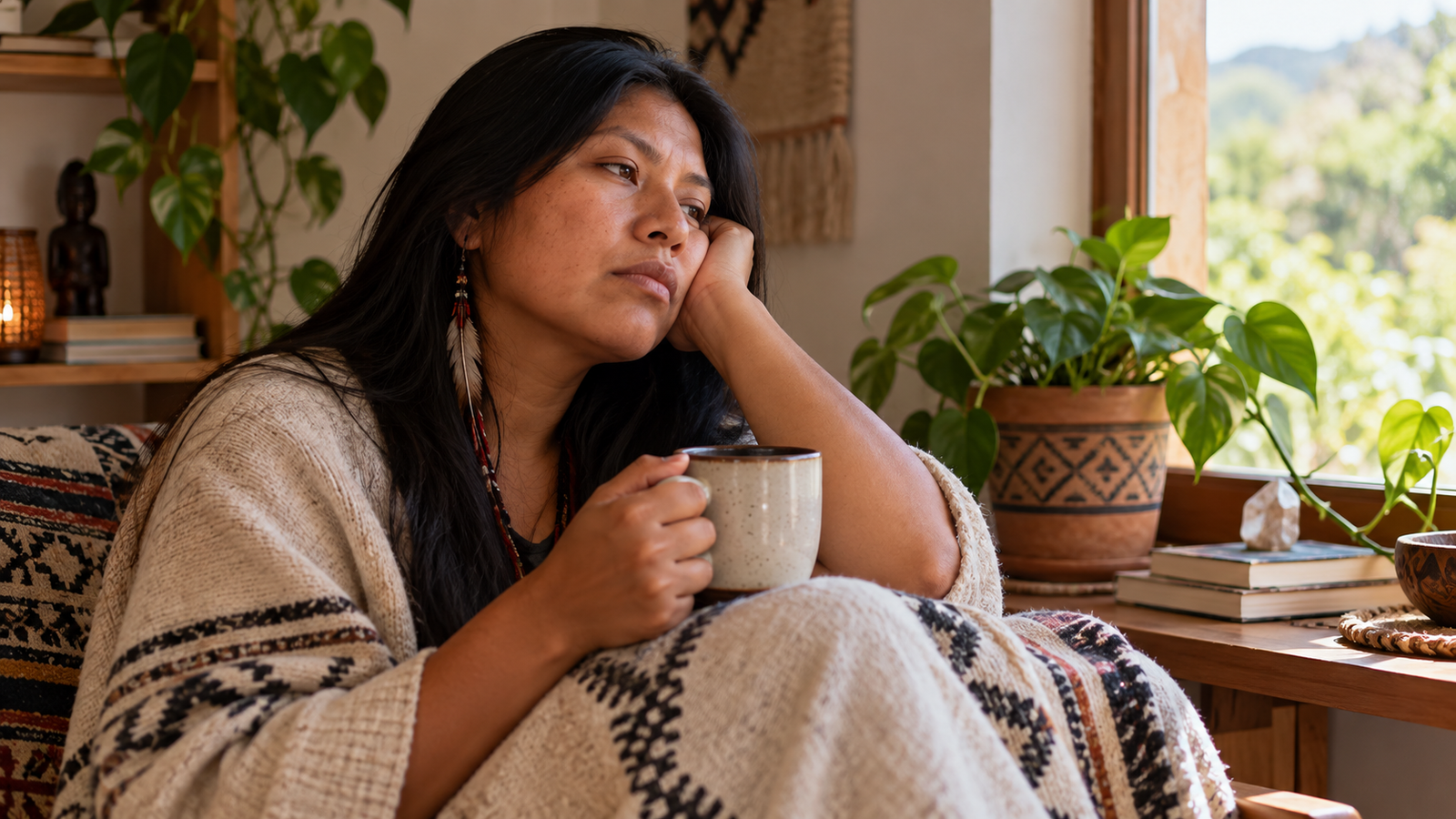 Mulher indígena em um momento de pausa e reflexão, representando sinais de cansaço emocional e a necessidade de diminuir o ritmo.