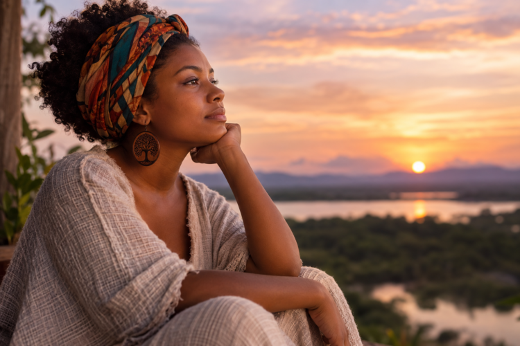 Mulher negra em um momento de reflexão ao pôr do sol, representando equilíbrio emocional em dias difíceis e a importância de desacelerar.