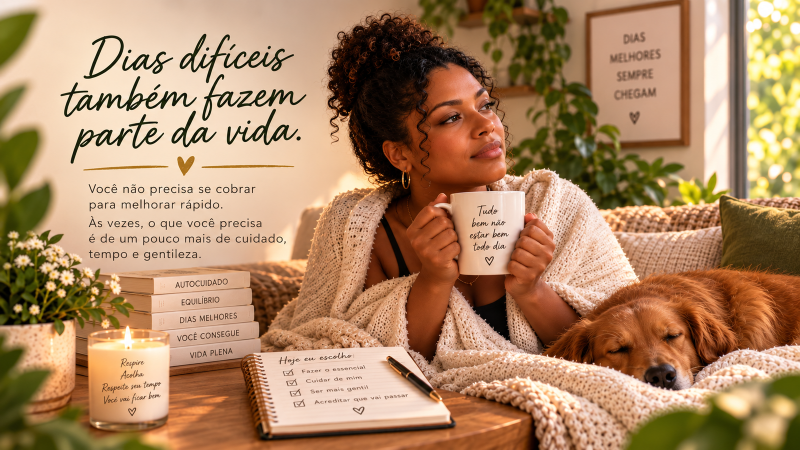 Mulher negra em um momento de autocuidado com uma bebida quente e um cachorro ao lado, representando como lidar com dias em que você não está bem com mais calma e gentileza.