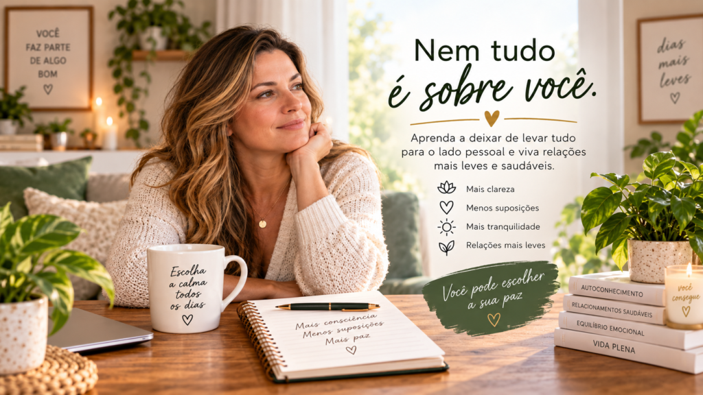 Mulher refletindo em um ambiente tranquilo, representando como deixar de levar tudo para o lado pessoal e construir relações com mais clareza e equilíbrio.