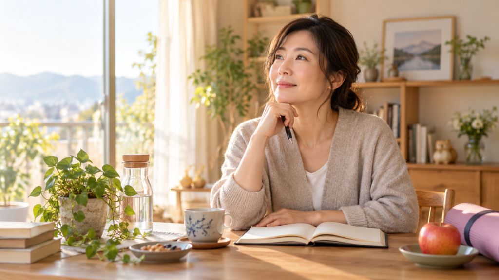 Mulher japonesa refletindo diante de um caderno em uma manhã tranquila, representando o poder dos pequenos hábitos para transformar a vida aos poucos