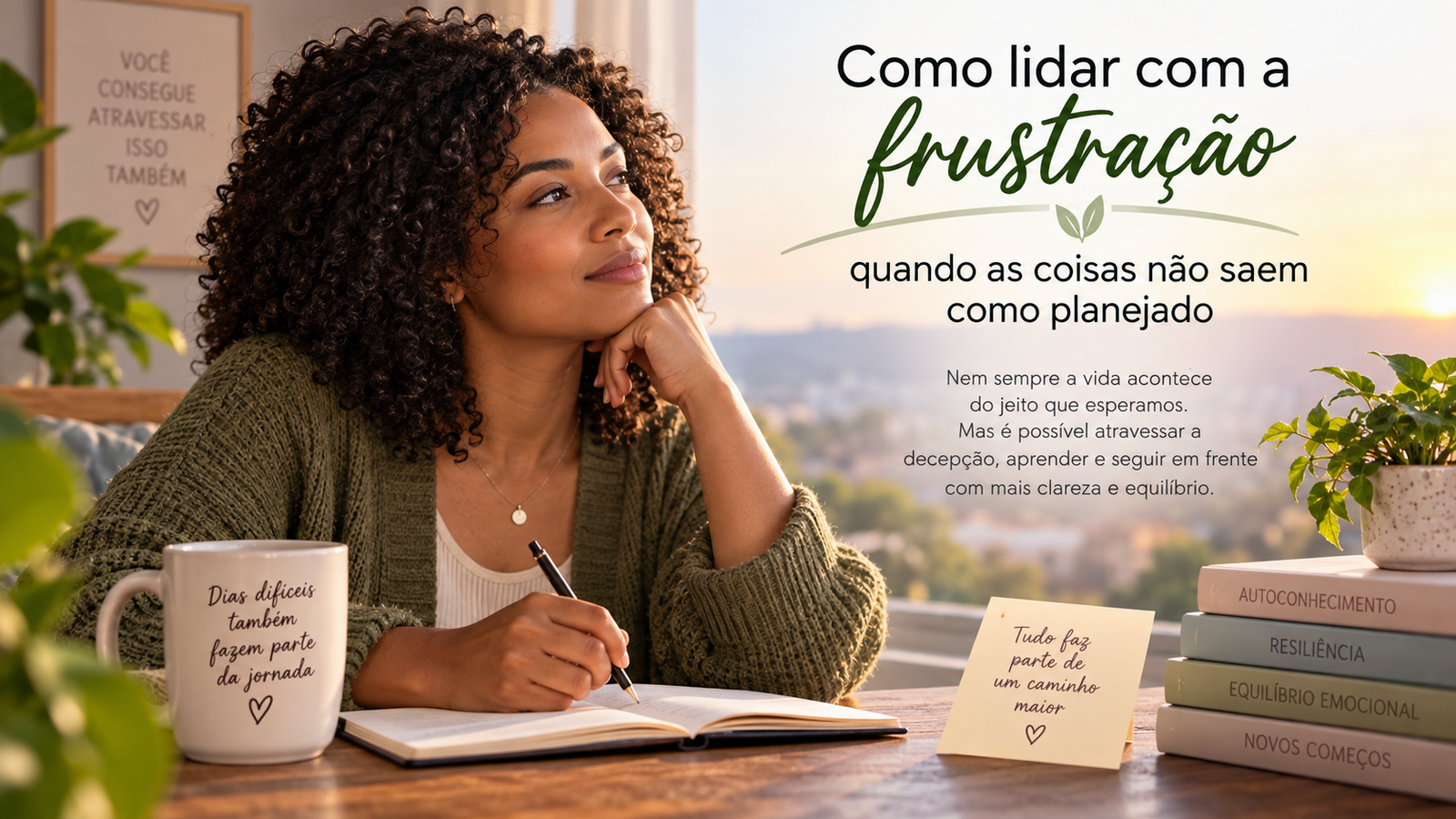 Mulher negra refletindo e escrevendo em um caderno, representando como lidar com a frustração quando as coisas não saem como planejado.