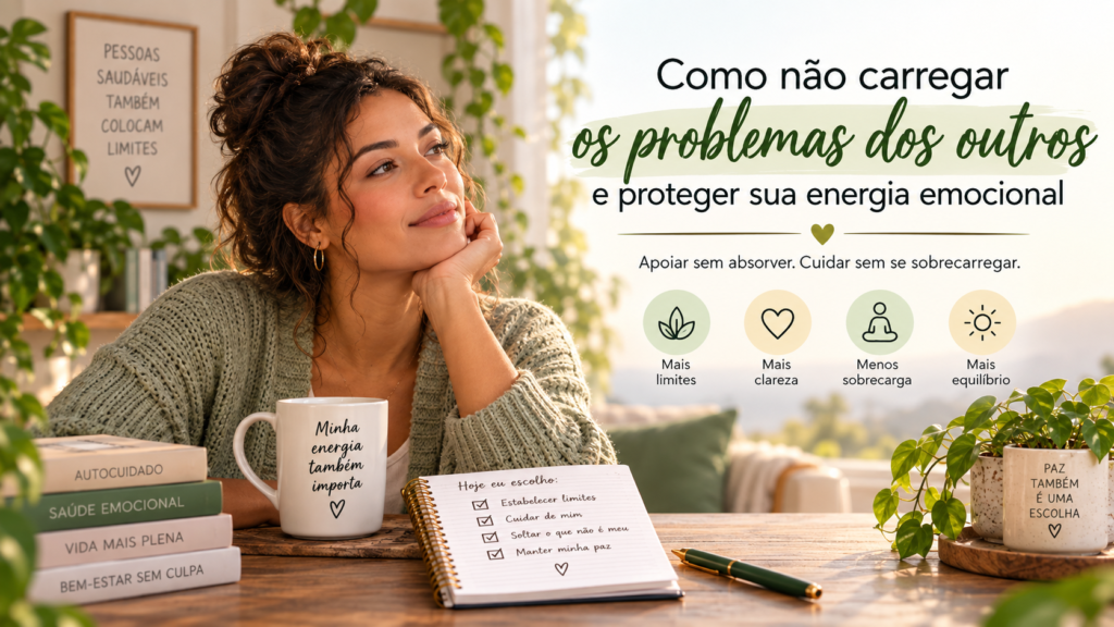 Mulher em um momento de reflexão, representando como não carregar os problemas dos outros e proteger a própria energia emocional com mais limites e equilíbrio.