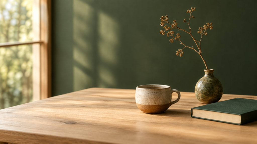 Mesa de madeira com xícara de cerâmica, galho seco e livro fechado em luz natural de janela, representando uma vida mais simples e o que realmente merece espaço na rotina.