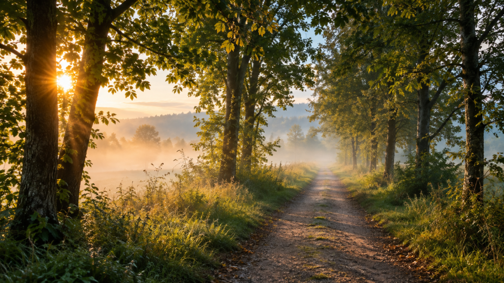 Trilha de terra entre árvores ao amanhecer com neblina leve e luz dourada, representando como encontrar direção na vida quando você não sabe exatamente o que quer.