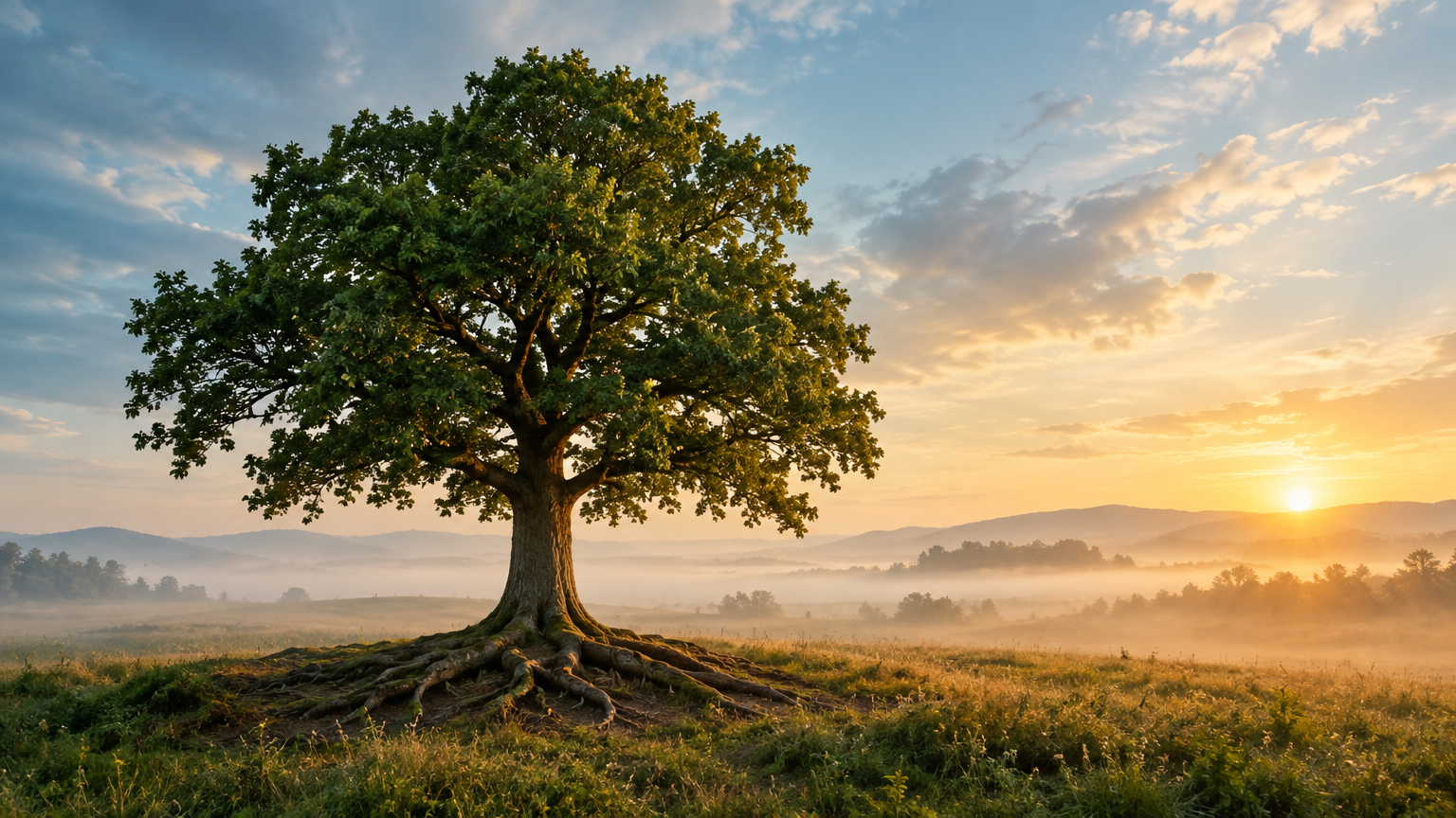 Árvore solitária em um campo ao amanhecer com raízes visíveis e céu dourado, representando como viver de acordo com seus valores no dia a dia.
