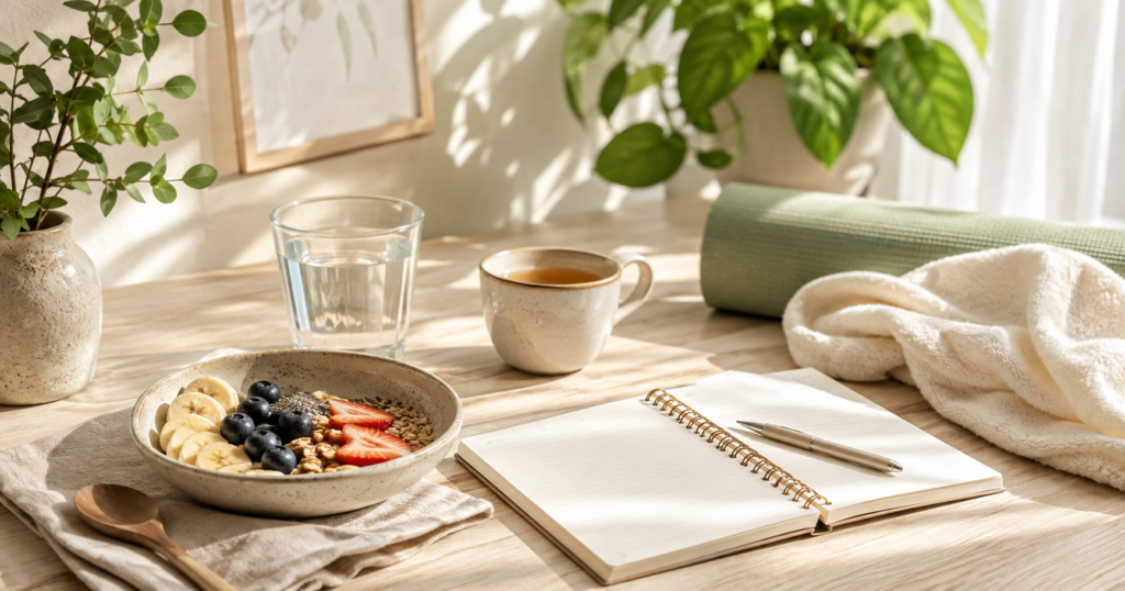 Mesa de madeira com caderno aberto, frutas frescas e garrafa de água em luz natural, representando como criar uma rotina saudável sem mudar tudo de uma vez.